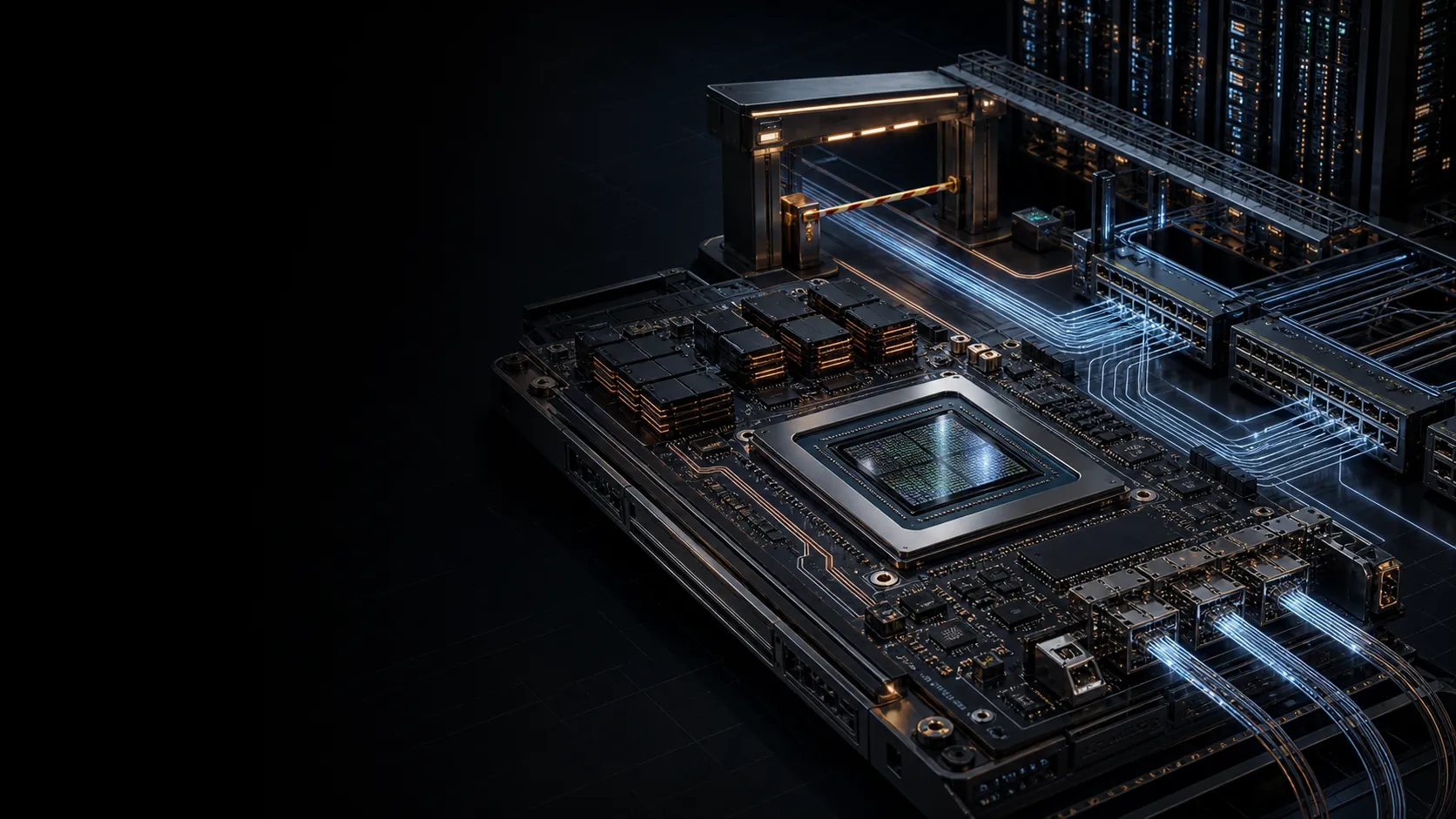 Isometric accelerator board with compute die, memory stacks and copper interconnect traces.