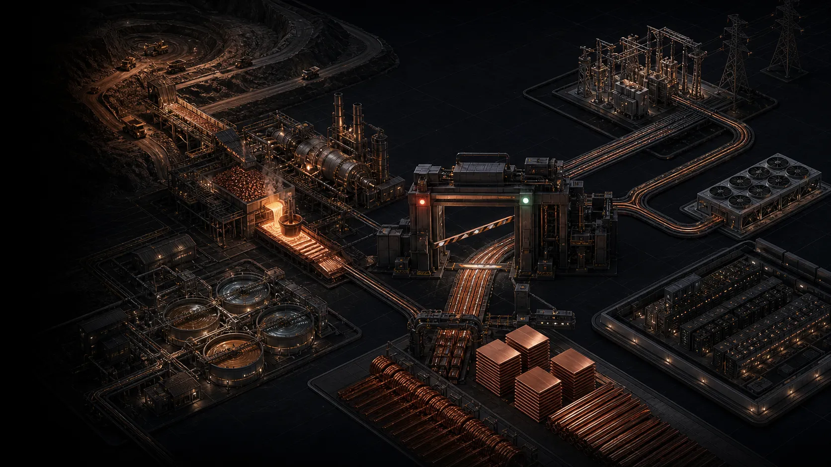 Isometric mineral refinery with ore piles, processing tanks and copper cathodes.