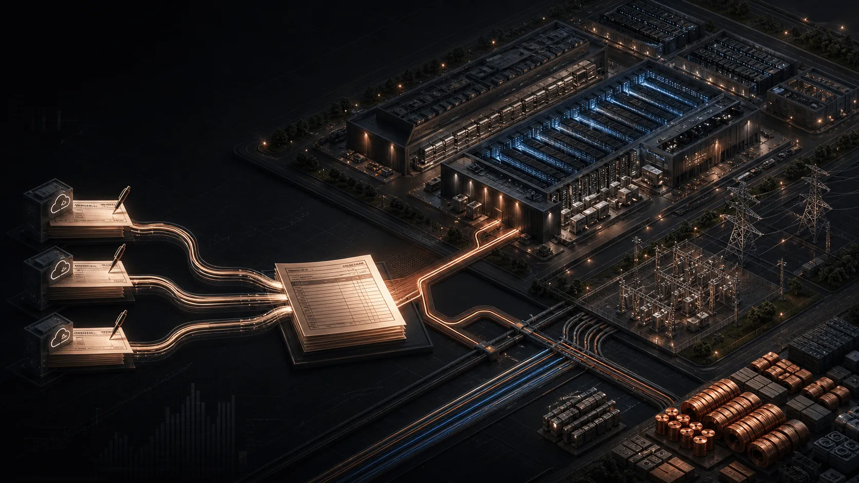 Isometric data-center campus connected to power pylons and a copper trace.