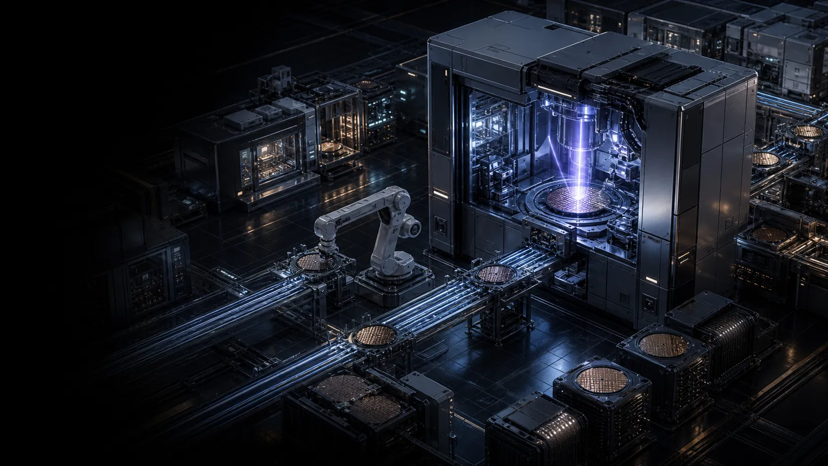 Isometric cleanroom with wafer, lithography machine and chip package stack.