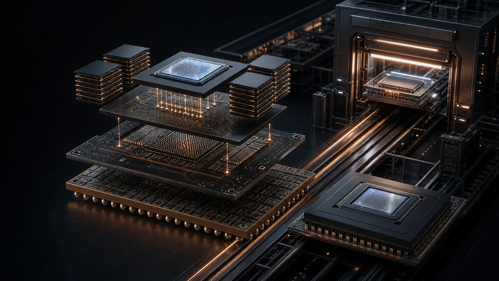 Accelerator package and memory stacks connected by dense copper traces.