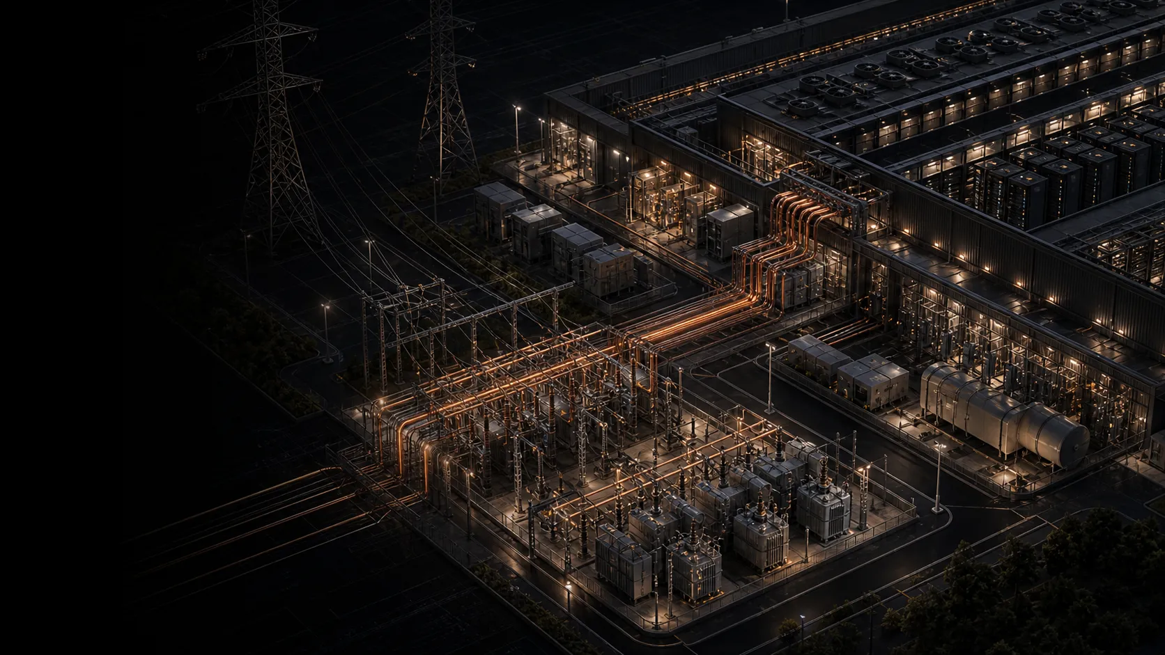Isometric transformer yard, switchgear and copper busbars connected to a data-center shell.